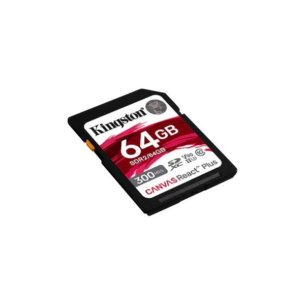 Kingston Canvas React Plus - Tarjeta de memoria flash - 64 GB - Video Class V90 / UHS-II U3 / Class10 - SDXC UHS-II (SDR2/64GB)