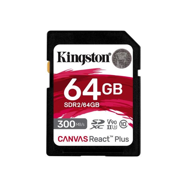 Kingston Canvas React Plus - Tarjeta de memoria flash - 64 GB - Video Class V90 / UHS-II U3 / Class10 - SDXC UHS-II (SDR2/64GB)
