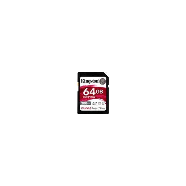 Kingston Canvas React Plus - Tarjeta de memoria flash - 64 GB - Video Class V90 / UHS-II U3 / Class10 - SDXC UHS-II