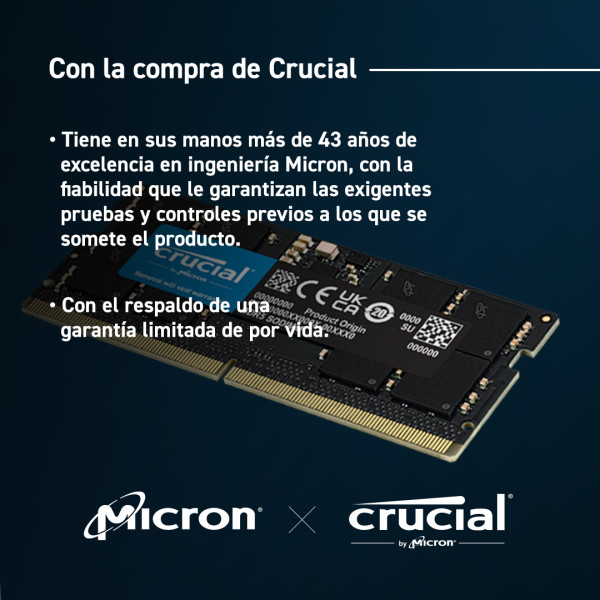 Memoria RAM Crucial de 32GB DDR5, 5200MHz, CL42, 1.1V, SODIMM (CT32G52C42S5)