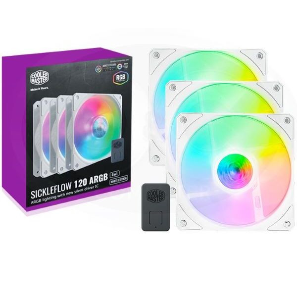 Pack 3 Ventiladores Cooler Master SickleFlow 120 ARGB, 120mm, Blanco