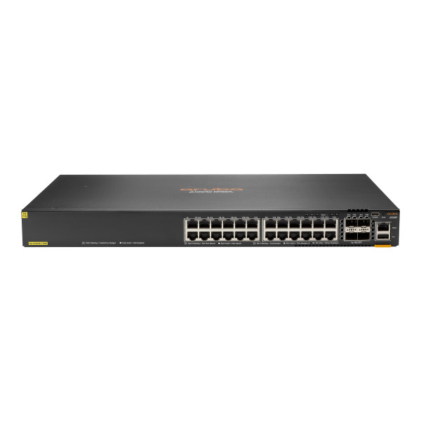 HPE Aruba 6200F 24G Class4 PoE 4SFP+ 370W Switch - Conmutador - Distancia máx. de apilamiento de 10 km - L3 - Gestionado - 24 x 10/100/1000 (PoE+) + 4 x 1 Gigabit / 10 Gigabit SFP+ (enlace ascen ... (JL725B)
