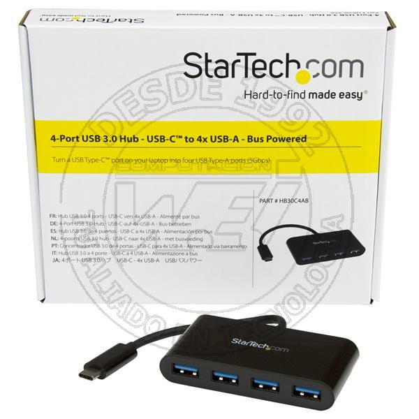 Hub Usb-C Startech 4 Puertos Usb-A 3.0 Alimentado Por El Bus Color Negro (HB30C4AB)