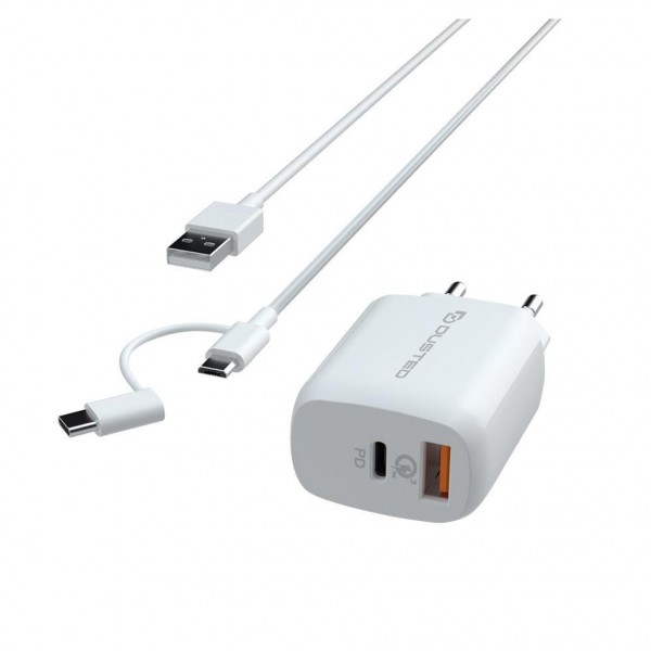 Cargador Usb-C Pd Carga Rapida 20w Para Iphone Y Ipad Con Cable 2en1 Blanco (DUS-WCHA-20PDK)