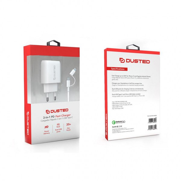 Cargador Usb-C Pd Carga Rapida 20w Para Iphone Y Ipad Con Cable 2en1 Blanco (DUS-WCHA-20PDK)