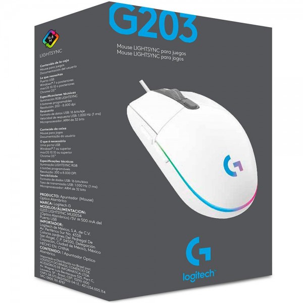 Mouse Gamer Logitech G203 RGB Lightsync 6 BoTóners Programables 8.000 Dpi Blanco (910-005794)