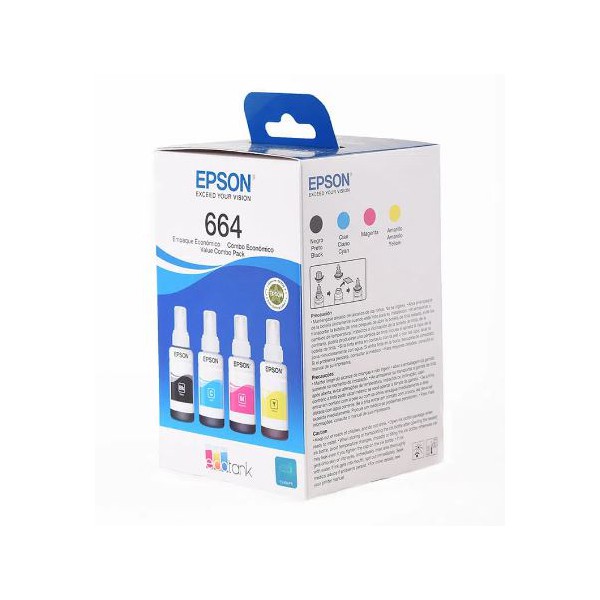 Pack de 4 Botellas de Tinta Epson Ecotank T664520, 70 Ml, Negro Cian Magenta Amarillo (T664520-4P)