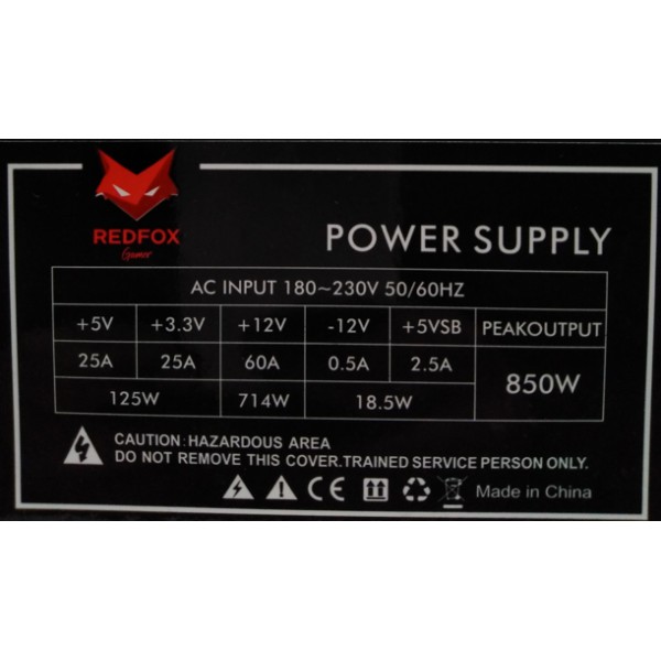 Fuente de Poder RedFox ATX 850W OEM Sin Cable de Poder. (850W-REDFOX)