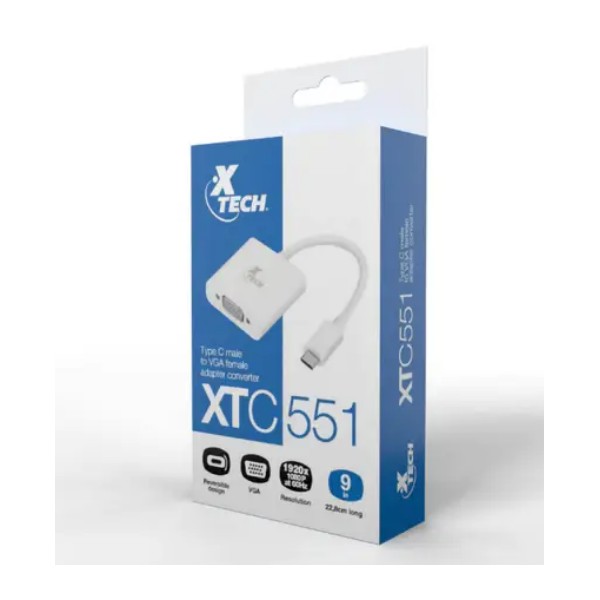 Adaptador de Display Xtech USB-C Macho A Vga Hembra, Resolucion 1080P 60Hz, Blanco (XTC-551)
