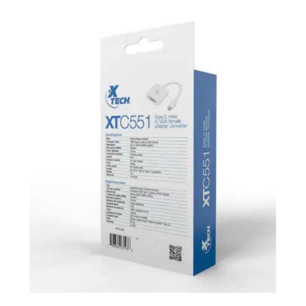 Adaptador de Display Xtech USB-C Macho A Vga Hembra, Resolucion 1080P 60Hz, Blanco (XTC-551)
