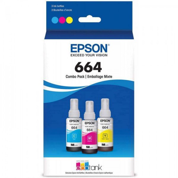 Pack de Botellas de Tinta Original Epson T664, Amarillo   Cian   Magenta, 70Ml, 3 Unidades (T664520-3P)