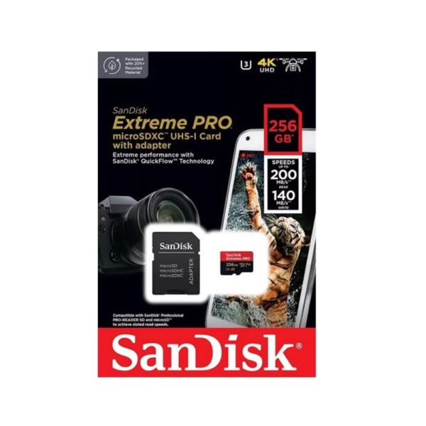 Tarjeta de Memoria Sandisk Microsdxc 256 GB Extreme Pro, Uhs Speed Class 3, Incluye Adaptador Sd (SDSQXCD-256G-GN6MA)