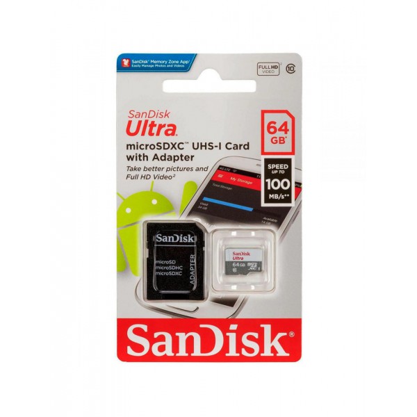 Tarjeta de Memoria  Micro Sdxc Sandisk 64 GB Con Adaptador (SDSQUNR-064G-GN3MA)