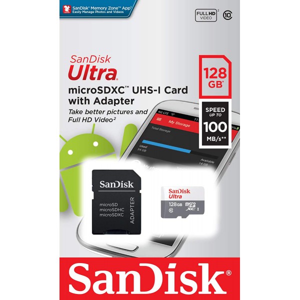 Tarjeta Microsd Sandisk Ultra De 128gb, Hasta 100 Mbsólidos, Uhs-I, Class 10, Con Adaptador