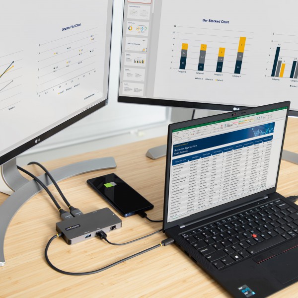 Docking Station Usb Tipo C, Usb C 2X Hdmi 4K 60Hz, Hub Usba 3.1 2Pt 5GBps, Pd 100W, GBe, Sdmicrosd (120B-USBC-MULTIPORT)