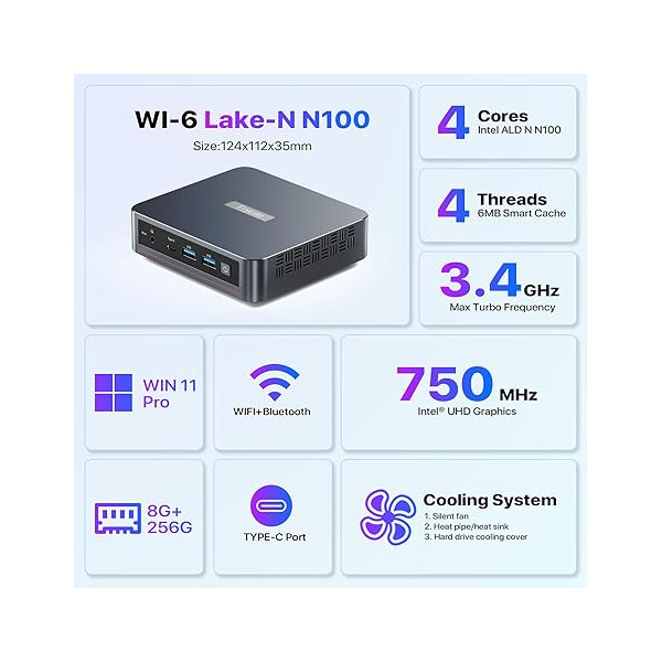 Mini PC Trycoo WI-6 Intel 12th N100, 16 GB RAM DDR4, SSD 512GB, WiFi5, Win 11 Pro (WI-6 N100)