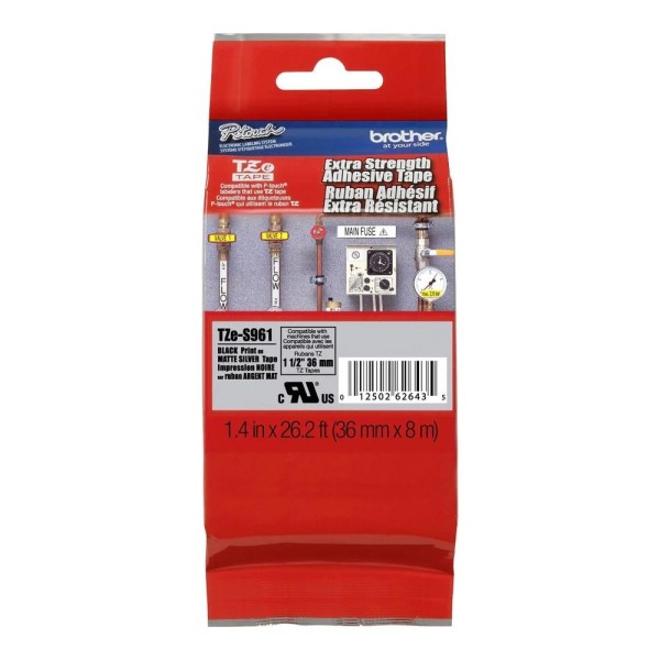 Brother TZeSM961 - Strong adhesive - black on matte silver - Roll (3.6 cm x 8 m) 1 roll(s) tape - for P-Touch PT-3600, 550, 9200, 9400, 9500, 9600, 9700, 9800, D800, P900, P950 - Cinta adhesivo doble  (TZESM961)