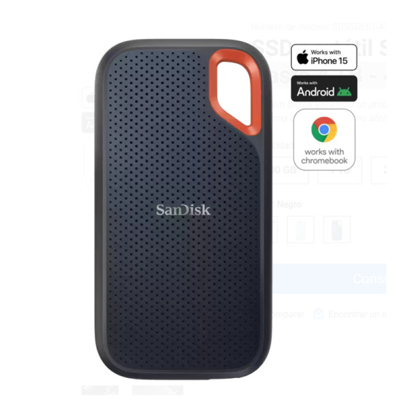 Disco Portátil SanDisk Extreme Hasta 4 TB  hasta 1050 MB/s, USB-C, USB 3.2 (Negro) (SDSSDE61-4T00-G25)
