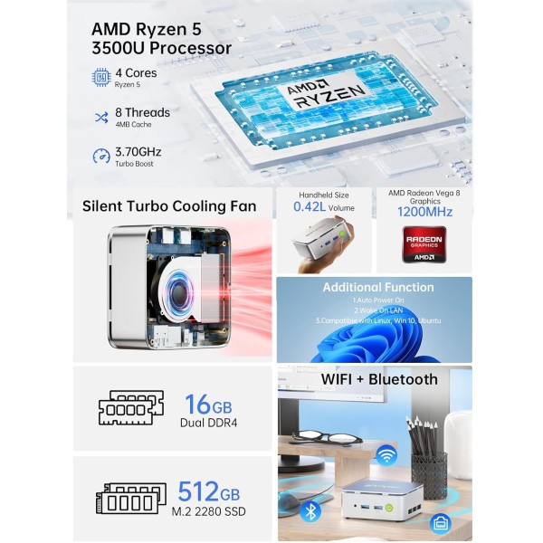 GMKtec G10 Mini PC Ryzen 5 3500U 16GB RAM 512GB  SSD Win 11 Pro (GMKtecG10)