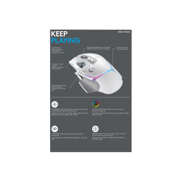 Logitech G G502 X PLUS - Ratón - óptico - inalámbrico - 2.4 GHz - receptor USB de Logitech LIGHTSPEED - blanco (910-006170)