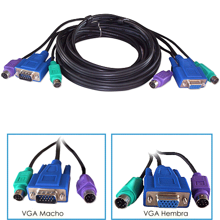 Kit Cables Kvm Con 4 Conectores Ps2 y 2 Conectores Vga Machohembra  1.80Mts (KKVMFO)