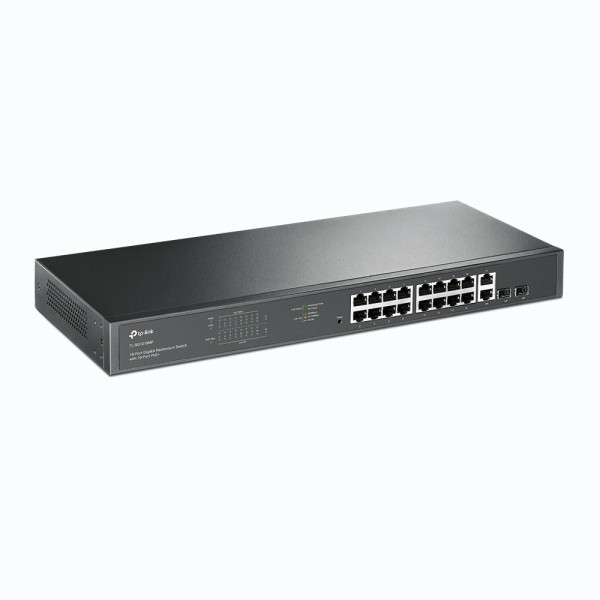 TP-Link JetStream TL-SG1218MP - V1 - conmutador - 16 x 10/100/1000 (PoE+) + 2 x 10/100/1000 + 2 x Gigabit SFP combinado - montaje en rack - PoE+ (250 W)