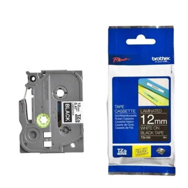Cinta blanco sobre negro 12 mm (0,47in) x 8m (26,2in) (TZE335)