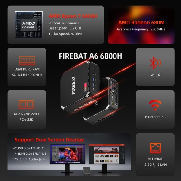 Mini PC FIREBAT A6 AMD Ryzen 7 7735HS 16 GB LPDDR5 RAM 512 GB Ssd Mvme WiFi6 BT5.2 WIN11 PRO