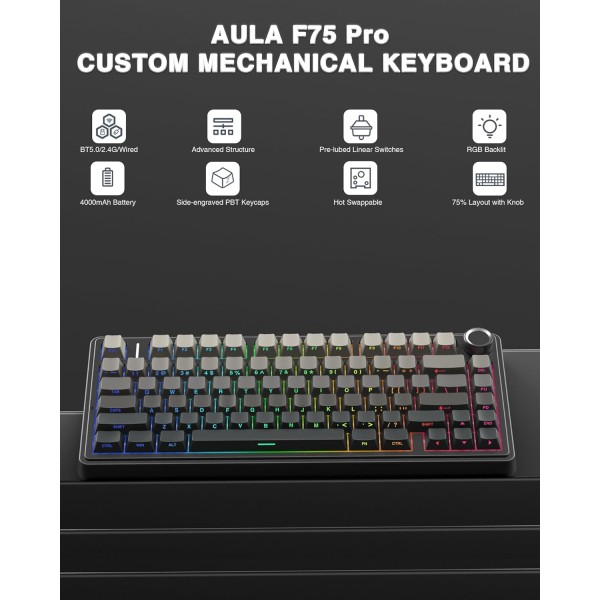 Teclado inalambrico Aula F75 PRO mecanico Negro retroiluminación RGB (F75 Pro-Negro)