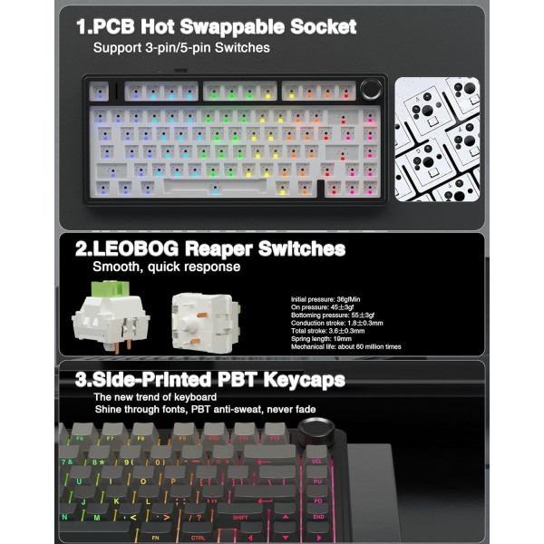 Teclado inalambrico Aula F75 PRO mecanico Negro retroiluminación RGB (F75 Pro-Negro)