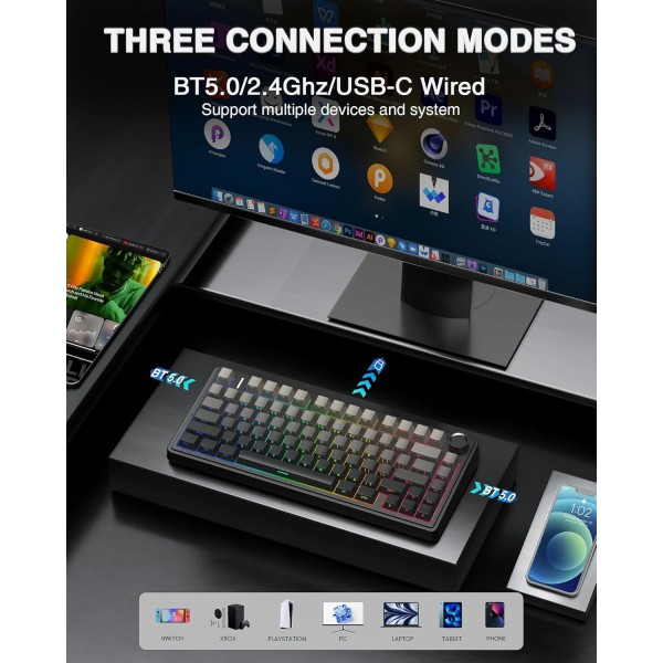 Teclado inalambrico Aula F75 PRO mecanico Negro retroiluminación RGB (F75 Pro-Negro)