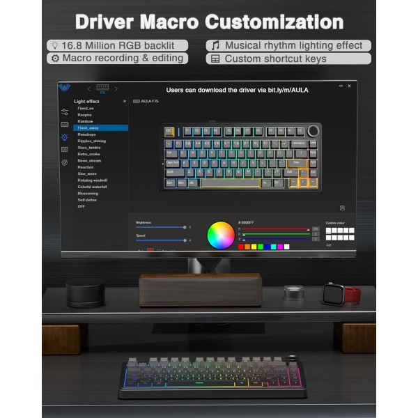 Teclado inalambrico Aula F75 PRO mecanico Negro retroiluminación RGB (F75 Pro-Negro)
