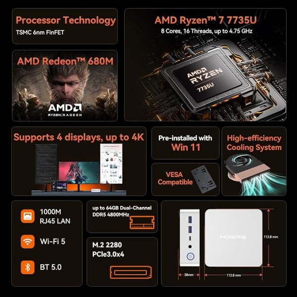 Mini PC MOREFINE M700 Ryzen 7 7735U 16 GB DDR5 512 GB SDD NVMe  WiFi6 BT5.2 USB3.2 WIN 11 PRO (M700SUB171562)