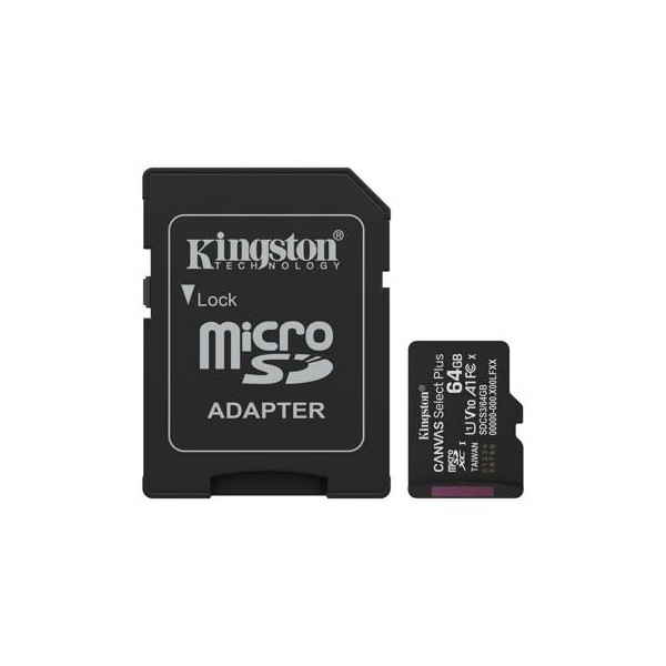 Tarjeta MicroSDXC 64GB Kingston SDCS3 Canvas Select Plus 100MB/s Clase 10 A1 + Adaptador SD (SDCS3/64GB)
