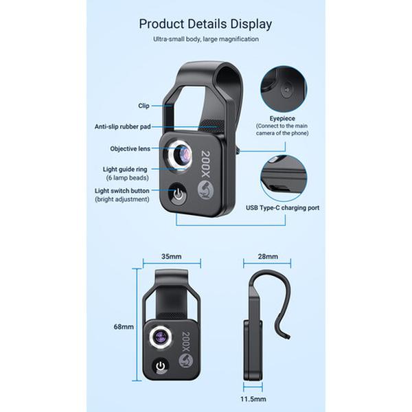 Mini Microscopio de bolsillo para Teléfono, Hd 200X, Flexible, Ajustable, clip universal