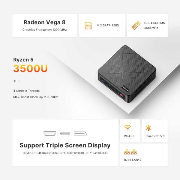 BOSGAME E4 Mini PC AMD Ryzen 5 3500U 8GB DDR4 256GB PCIe SSD doble RJ45, triple pantalla 4K USB-C USB 3.2 WiFi 5 WIN11 Pro (BOSGAME E4 3500U)